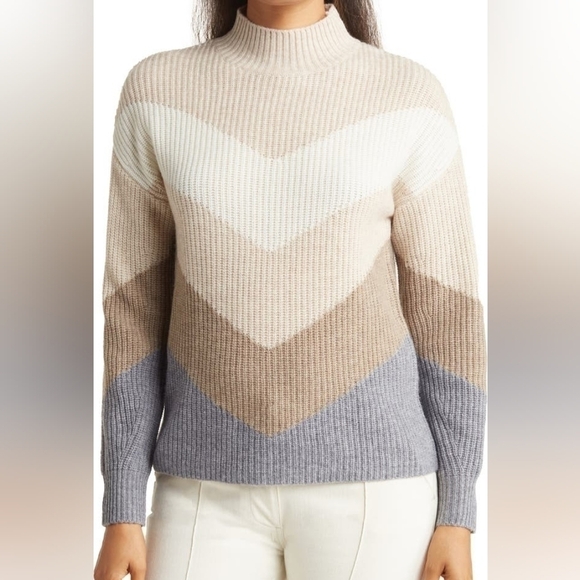 Griffen Chevron Mock Neck Wool & Cashmere Sweater Size XL cream, tan, blue - Picture 2 of 3